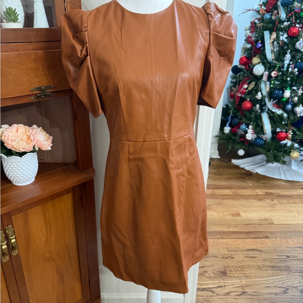Women’s Faux Leather Puff-Sleeve Mini Dress in Cognac